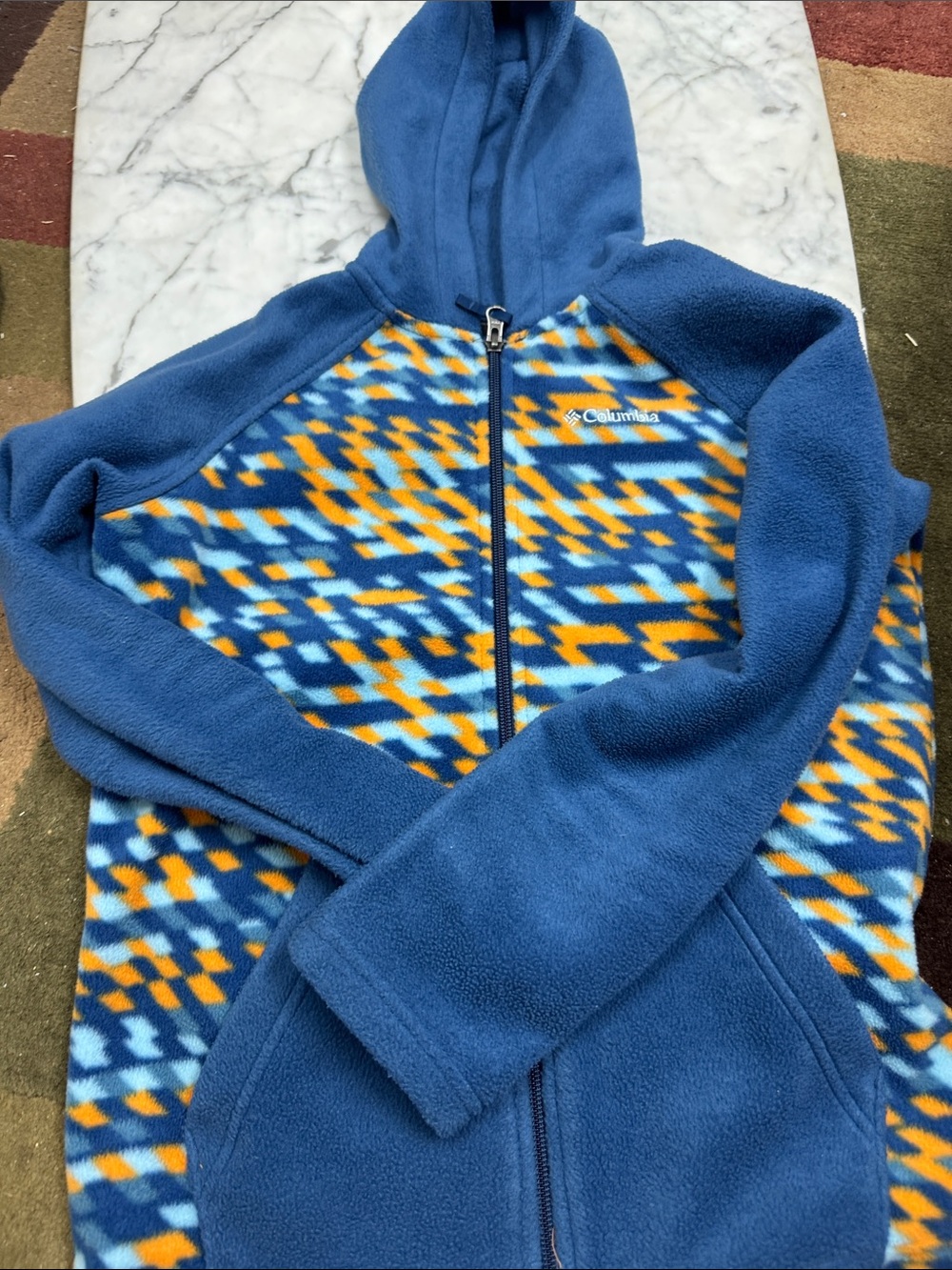 Columbia Blue Hoodie with Yellow & Light Blue Geometric Panels